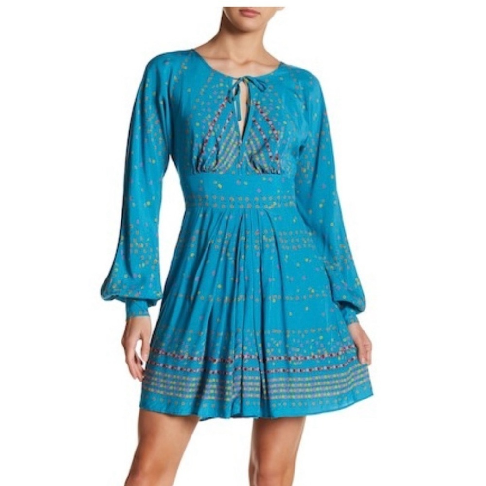 Free People Coryn Mini Dress Front Cut Out Pleated Blue/Green Open Back